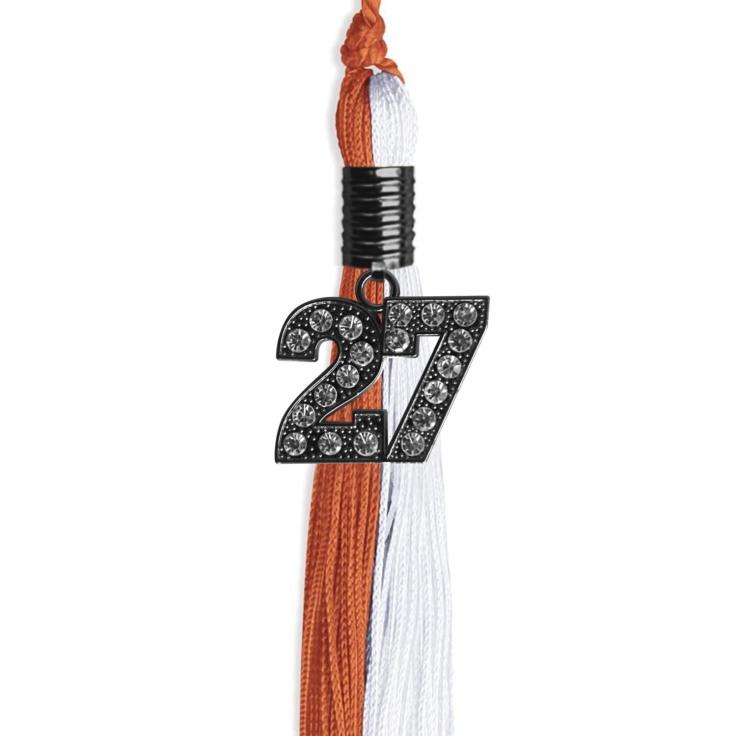 Burnt Orange/White Graduation Tassel with Black Bling Charm by Wholesale Grad Supply