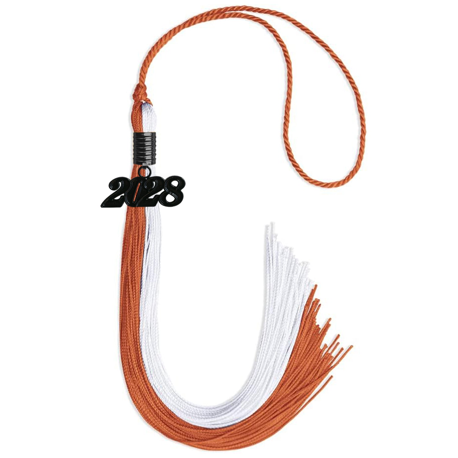 Burnt Orange/White Graduation Tassel with Black Bling Charm by Wholesale Grad Supply