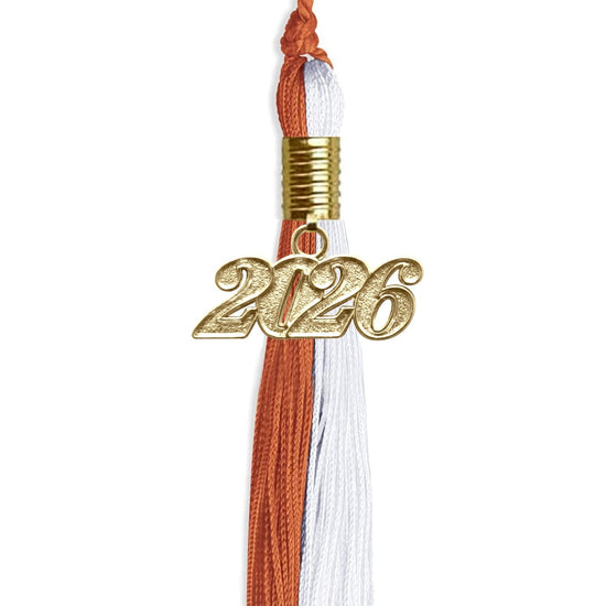 Burnt Orange/White Graduation Tassel with Gold Bling Charm by Wholesale Grad Supply