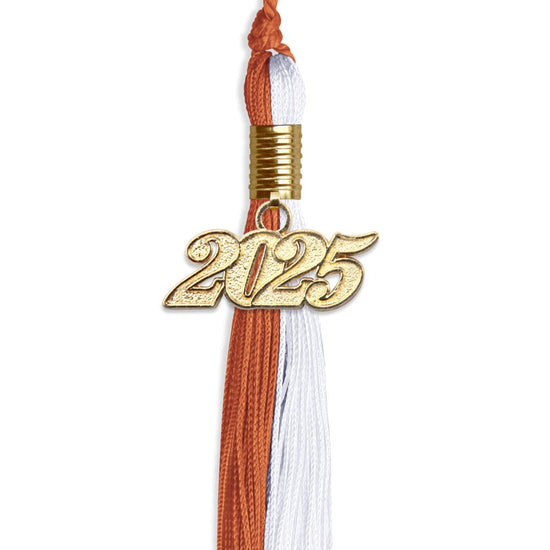 Burnt Orange/White Graduation Tassel with Gold Bling Charm by Wholesale Grad Supply