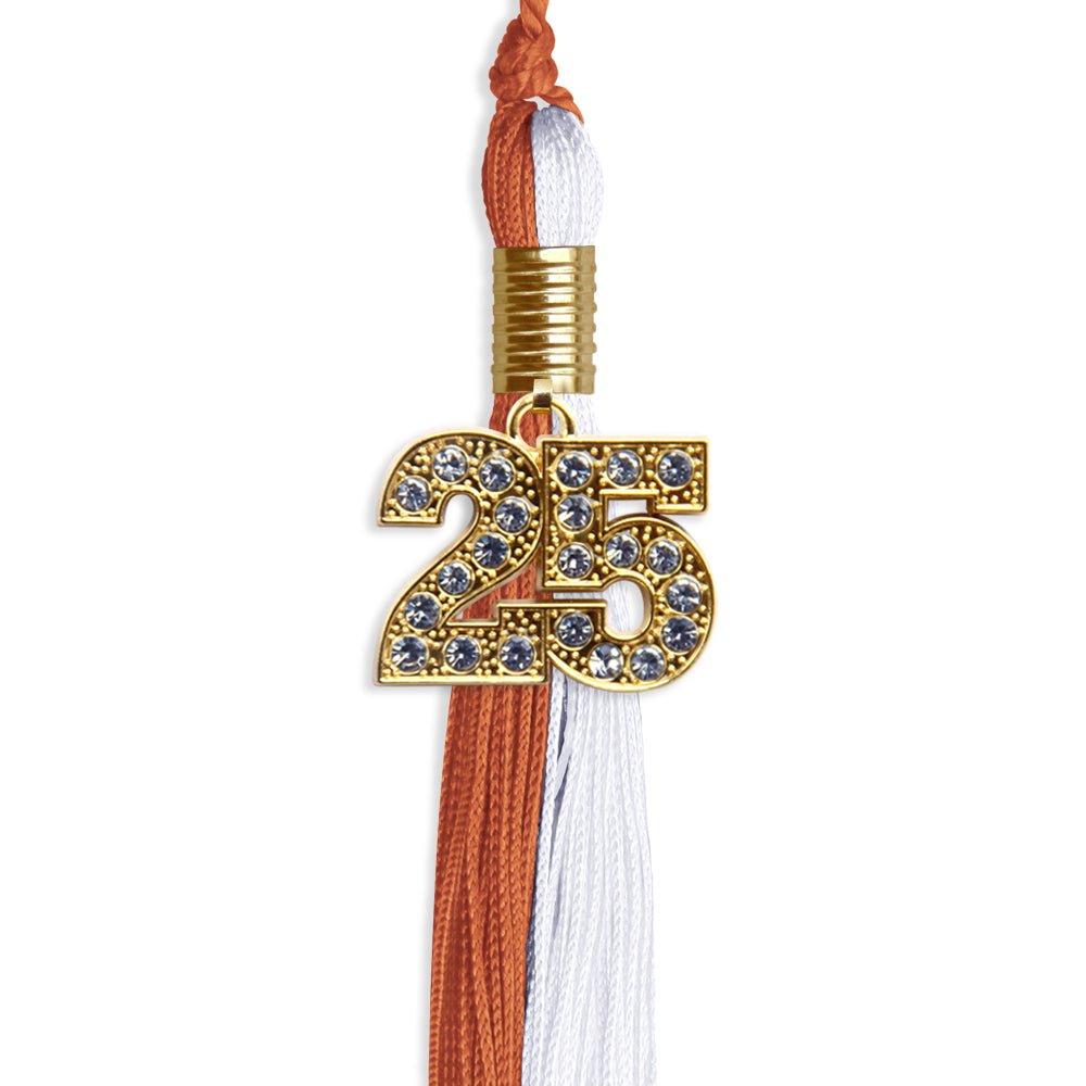 Burnt Orange/White Graduation Tassel with Gold Bling Charm by Wholesale Grad Supply