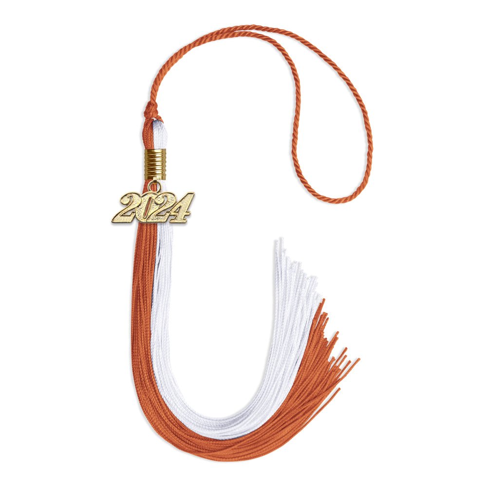Burnt Orange/White Graduation Tassel with Gold Bling Charm by Wholesale Grad Supply