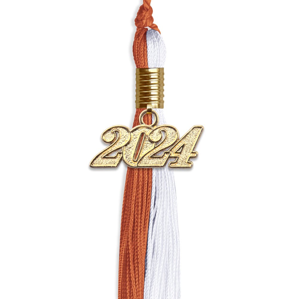 Burnt Orange/White Graduation Tassel with Gold Bling Charm by Wholesale Grad Supply