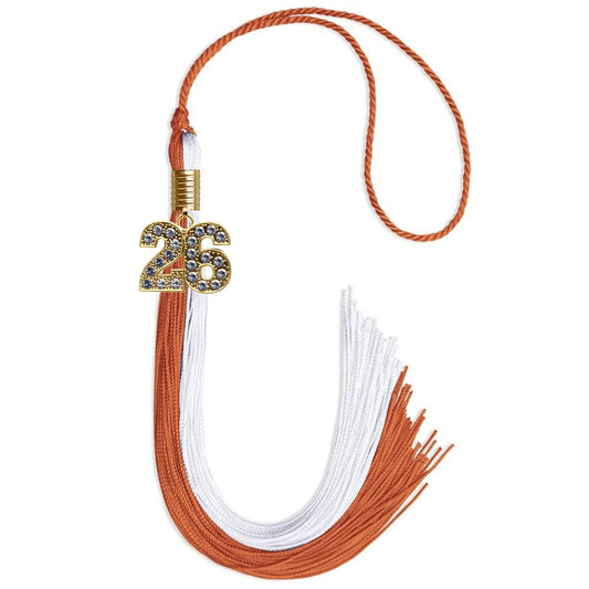 Burnt Orange/White Graduation Tassel with Gold Bling Charm by Wholesale Grad Supply
