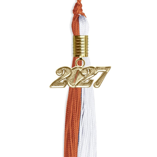 Burnt Orange/White Graduation Tassel with Gold Bling Charm by Wholesale Grad Supply