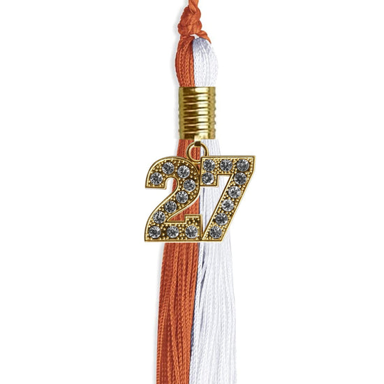 Burnt Orange/White Graduation Tassel with Gold Bling Charm by Wholesale Grad Supply