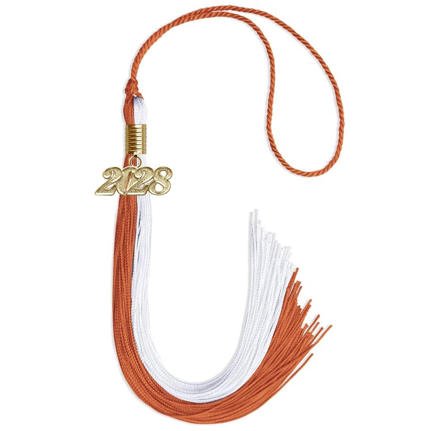 Burnt Orange/White Graduation Tassel with Gold Bling Charm by Wholesale Grad Supply