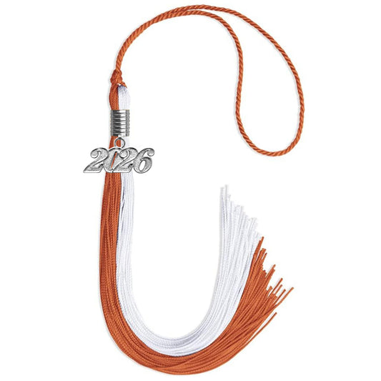 Burnt Orange/White Graduation Tassel with Silver Bling Charm by Wholesale Grad Supply