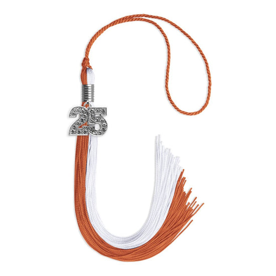 Burnt Orange/White Graduation Tassel with Silver Bling Charm by Wholesale Grad Supply
