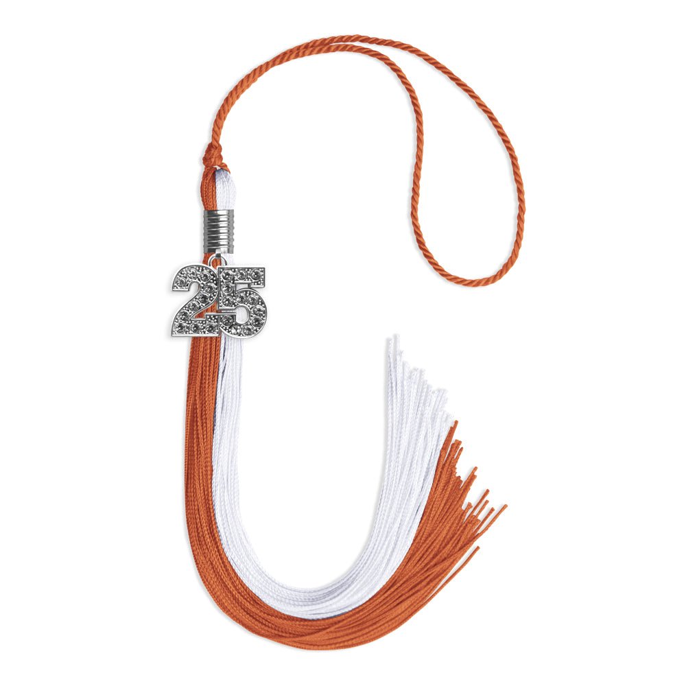 Burnt Orange/White Graduation Tassel with Silver Bling Charm by Wholesale Grad Supply