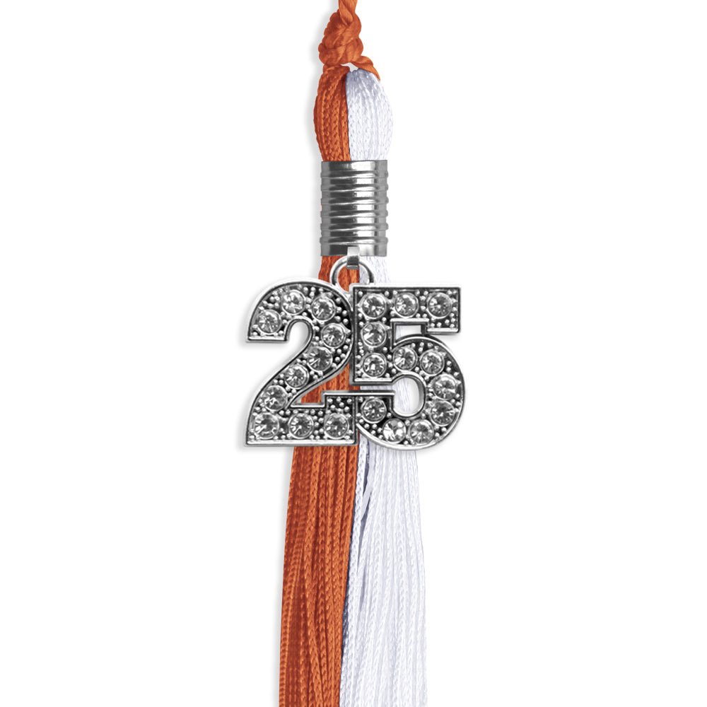 Burnt Orange/White Graduation Tassel with Silver Bling Charm by Wholesale Grad Supply