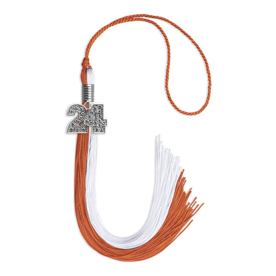 Burnt Orange/White Graduation Tassel with Silver Bling Charm by Wholesale Grad Supply
