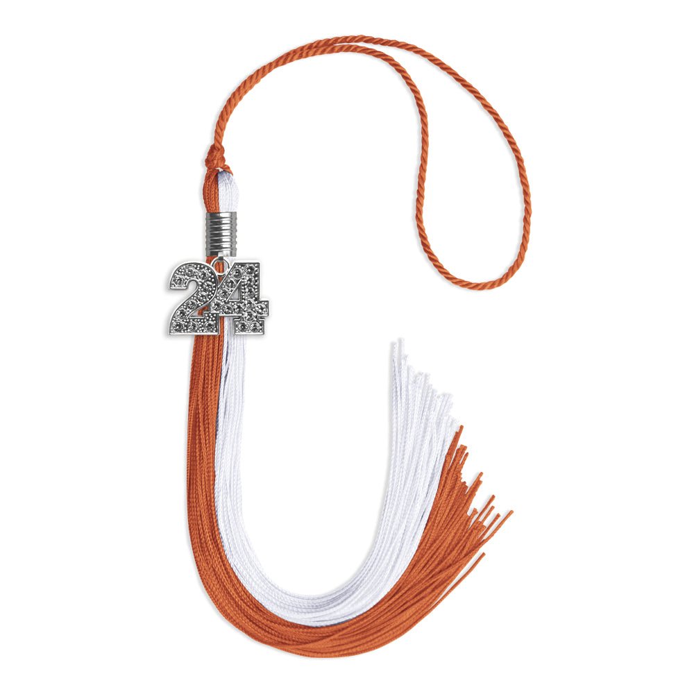 Burnt Orange/White Graduation Tassel with Silver Bling Charm by Wholesale Grad Supply