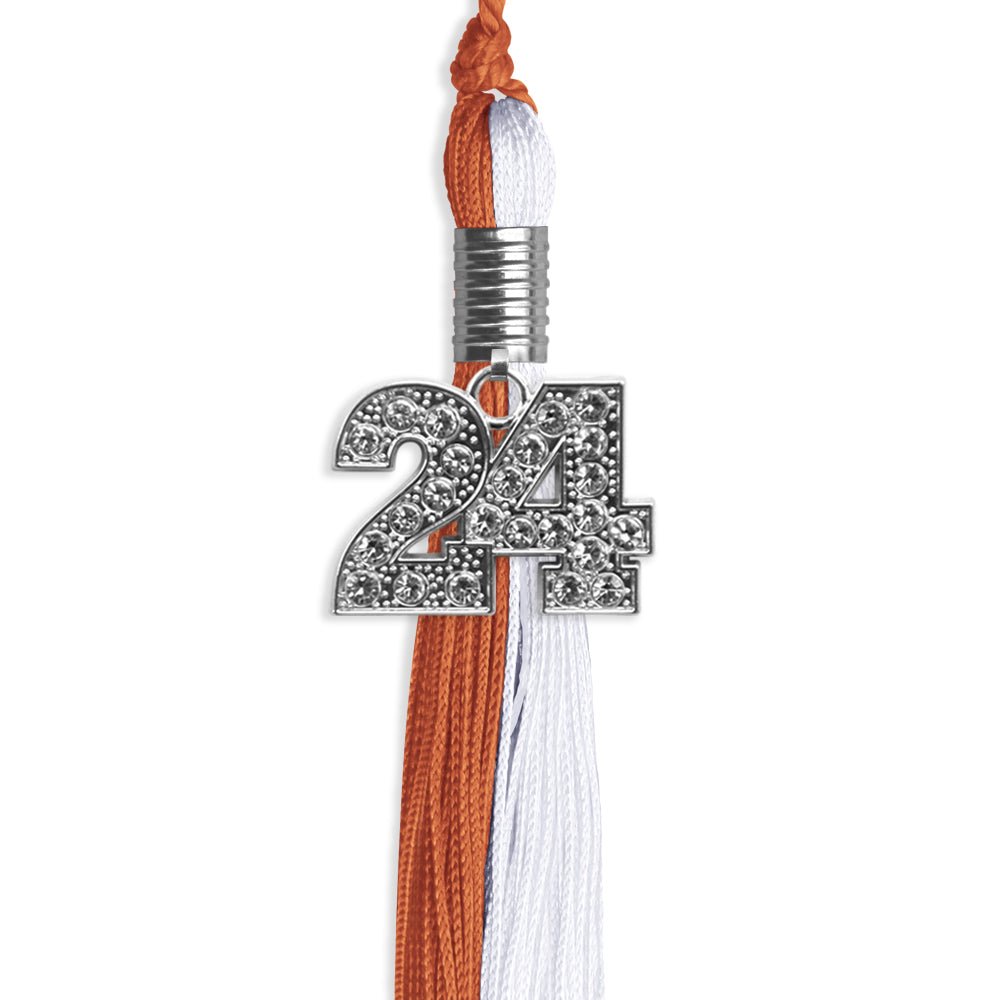 Burnt Orange/White Graduation Tassel with Silver Bling Charm by Wholesale Grad Supply