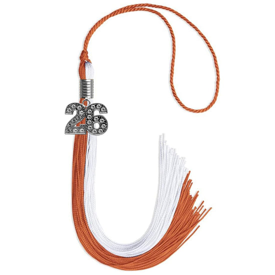 Burnt Orange/White Graduation Tassel with Silver Bling Charm by Wholesale Grad Supply
