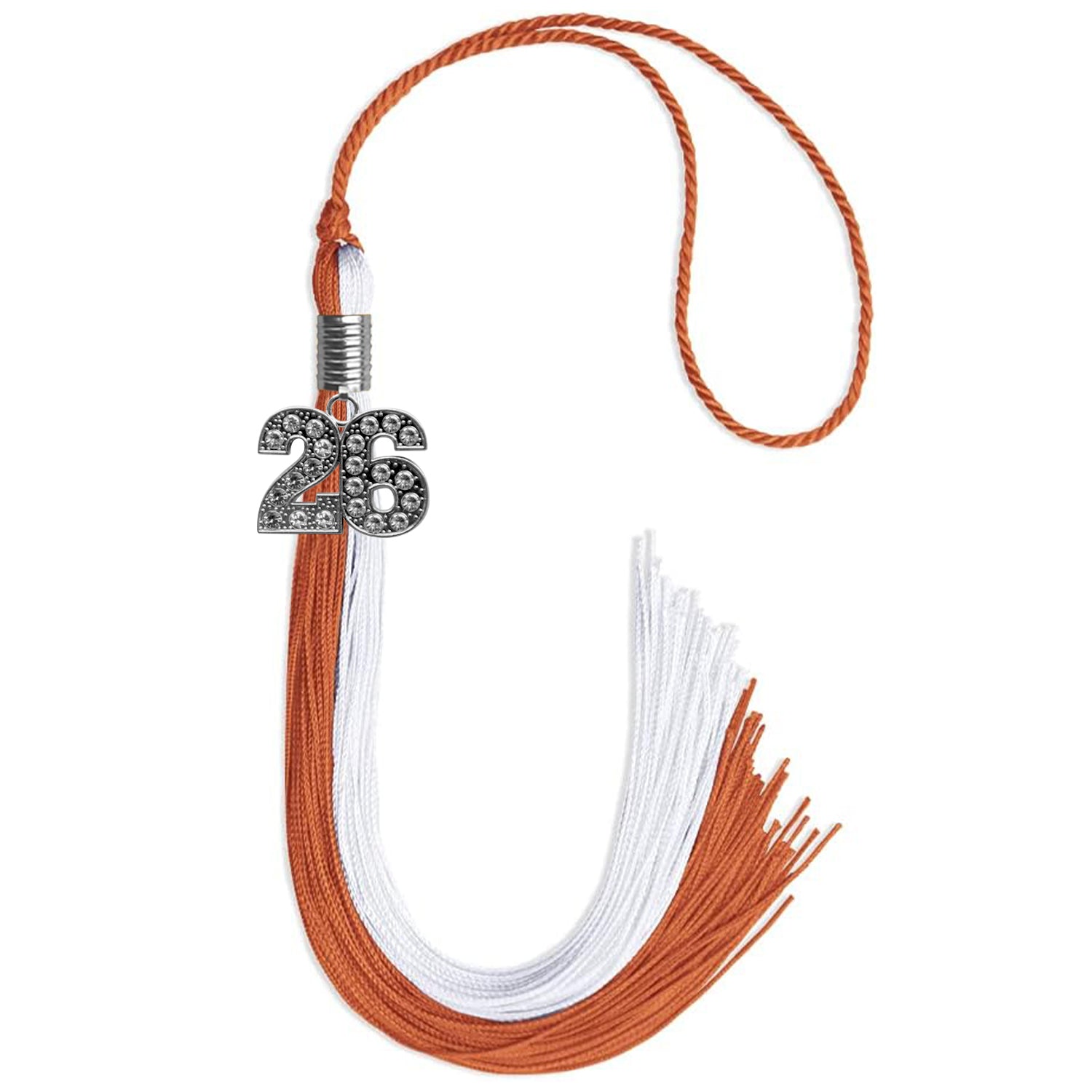 Burnt Orange/White Graduation Tassel with Silver Bling Charm by Wholesale Grad Supply