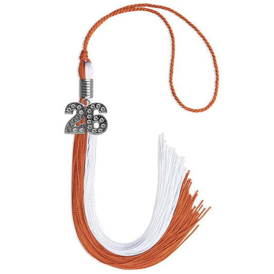 Burnt Orange/White Graduation Tassel with Silver Bling Charm by Wholesale Grad Supply