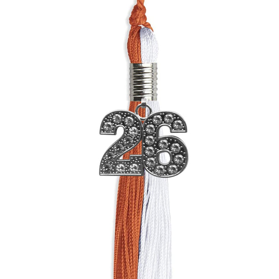 Burnt Orange/White Graduation Tassel with Silver Bling Charm by Wholesale Grad Supply