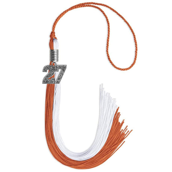 Burnt Orange/White Graduation Tassel with Silver Bling Charm by Wholesale Grad Supply