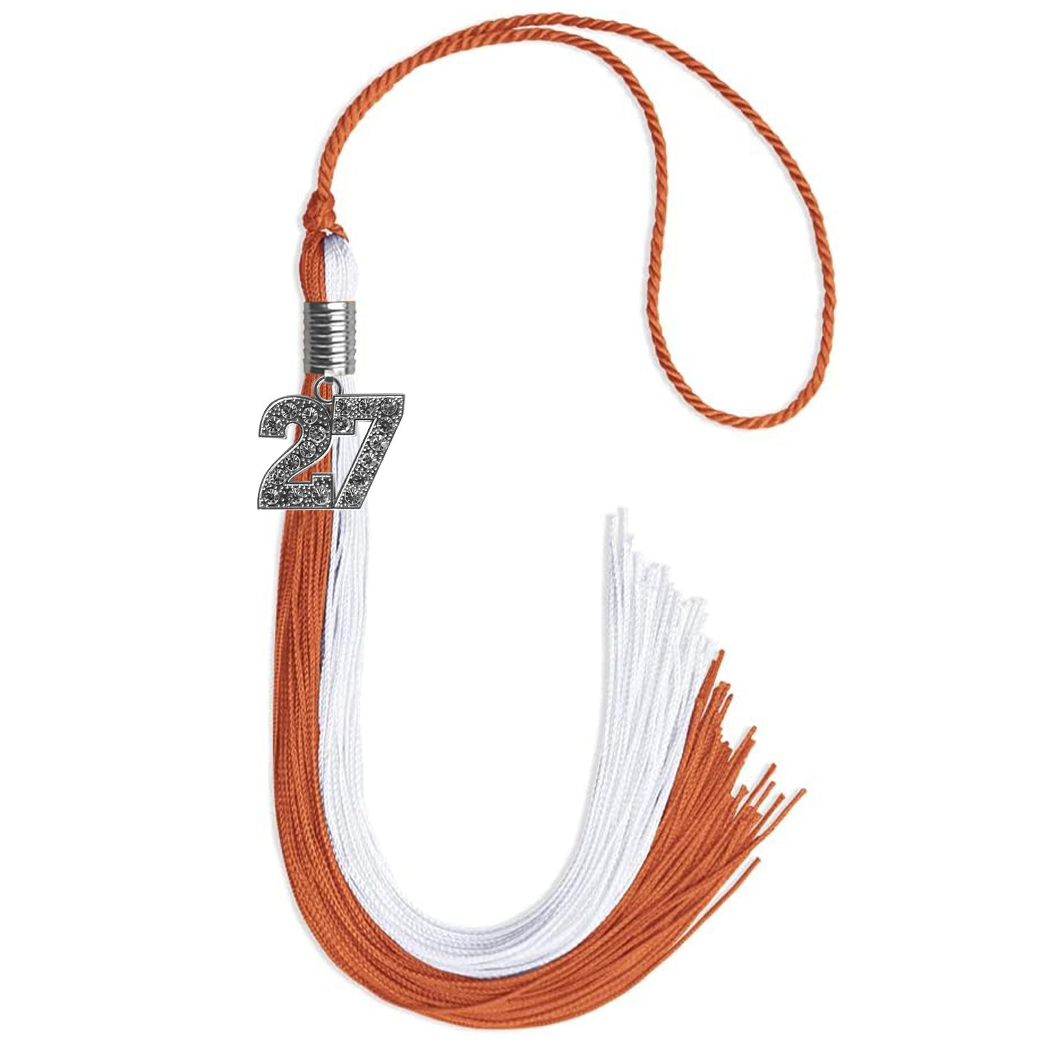 Burnt Orange/White Graduation Tassel with Silver Bling Charm by Wholesale Grad Supply