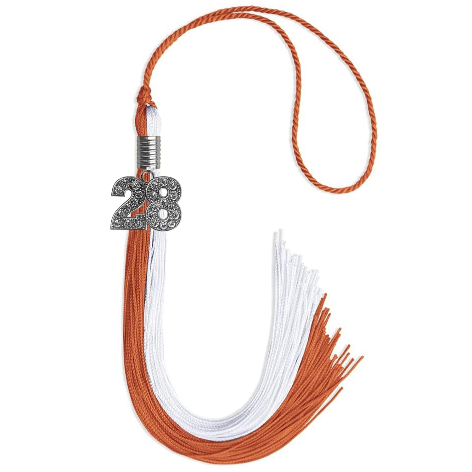 Burnt Orange/White Graduation Tassel with Silver Bling Charm by Wholesale Grad Supply