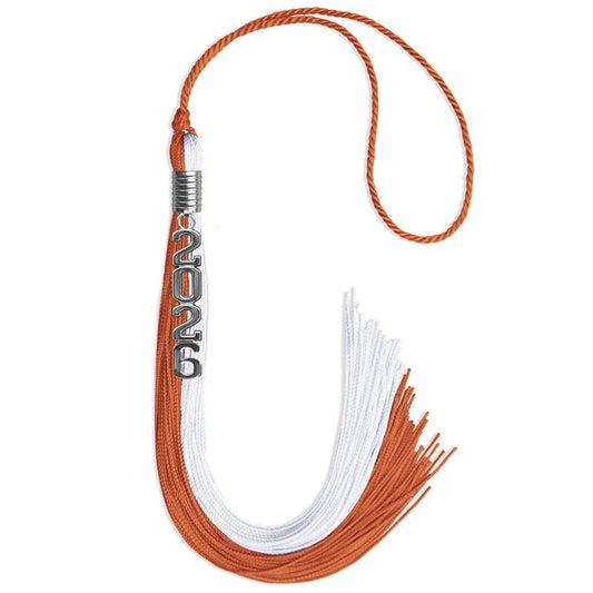 Burnt Orange/White Graduation Tassel with Silver Stacked Date Drop by Wholesale Grad Supply