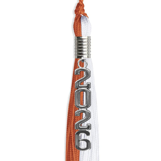 Burnt Orange/White Graduation Tassel with Silver Stacked Date Drop by Wholesale Grad Supply