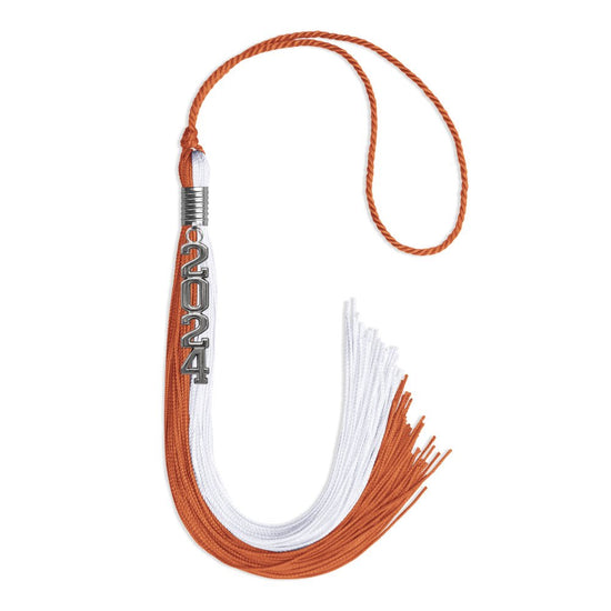 Burnt Orange/White Graduation Tassel with Silver Stacked Date Drop by Wholesale Grad Supply