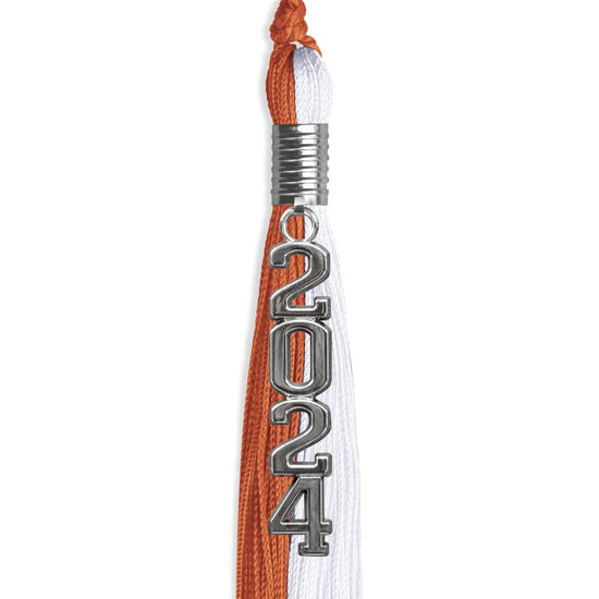 Burnt Orange/White Graduation Tassel with Silver Stacked Date Drop by Wholesale Grad Supply