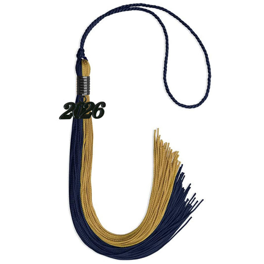 Dark Navy Blue/Antique Gold Graduation Tassel with Black Bling Charm by Wholesale Grad Supply