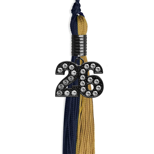 Dark Navy Blue/Antique Gold Graduation Tassel with Black Bling Charm by Wholesale Grad Supply