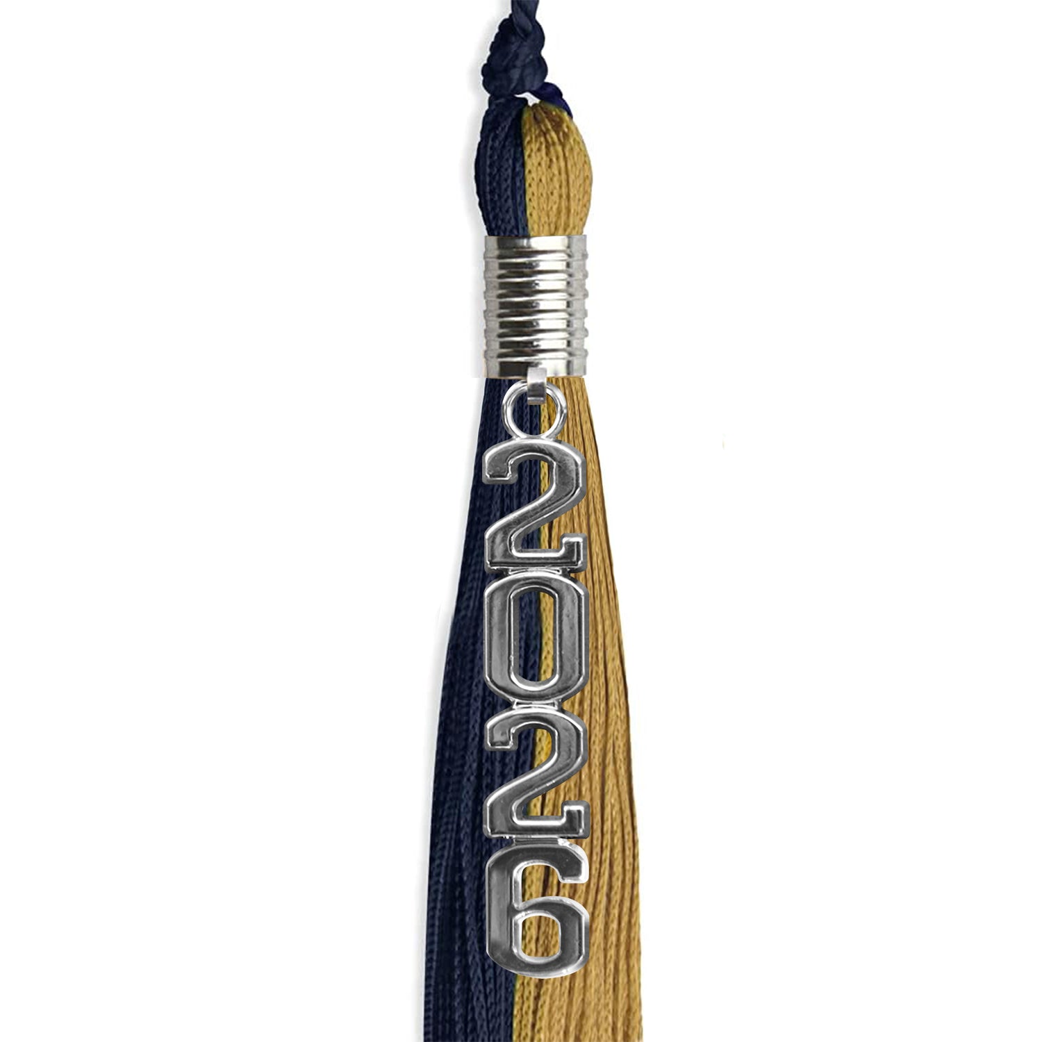 Dark Navy Blue/Antique Gold Graduation Tassel with Silver Stacked Date Drop by Wholesale Grad Supply
