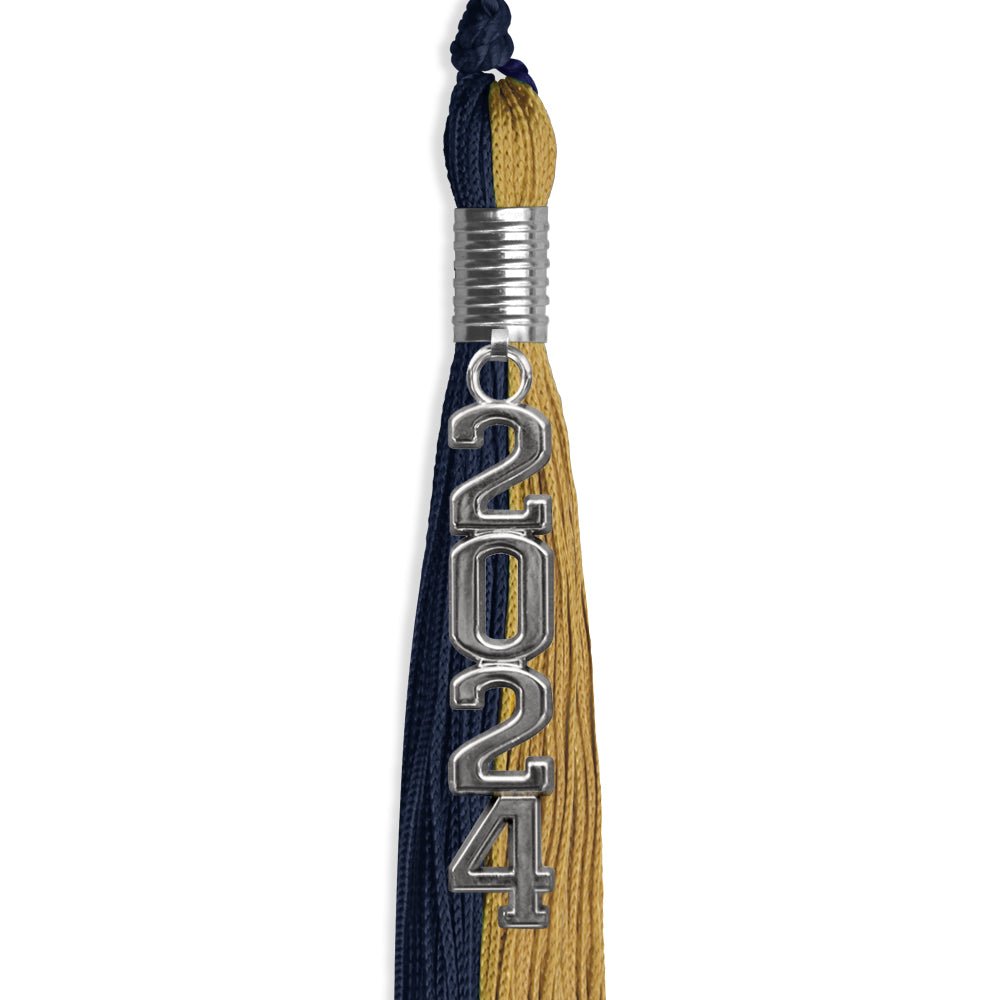Dark Navy Blue/Antique Gold Graduation Tassel with Silver Stacked Date Drop by Wholesale Grad Supply