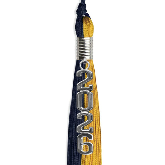 Dark Navy Blue/Bright Gold Graduation Tassel with Silver Stacked Date Drop by Wholesale Grad Supply