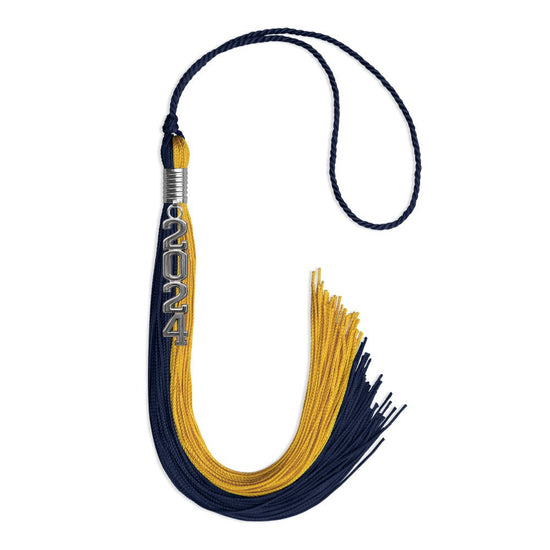 Dark Navy Blue/Bright Gold Graduation Tassel with Silver Stacked Date Drop by Wholesale Grad Supply