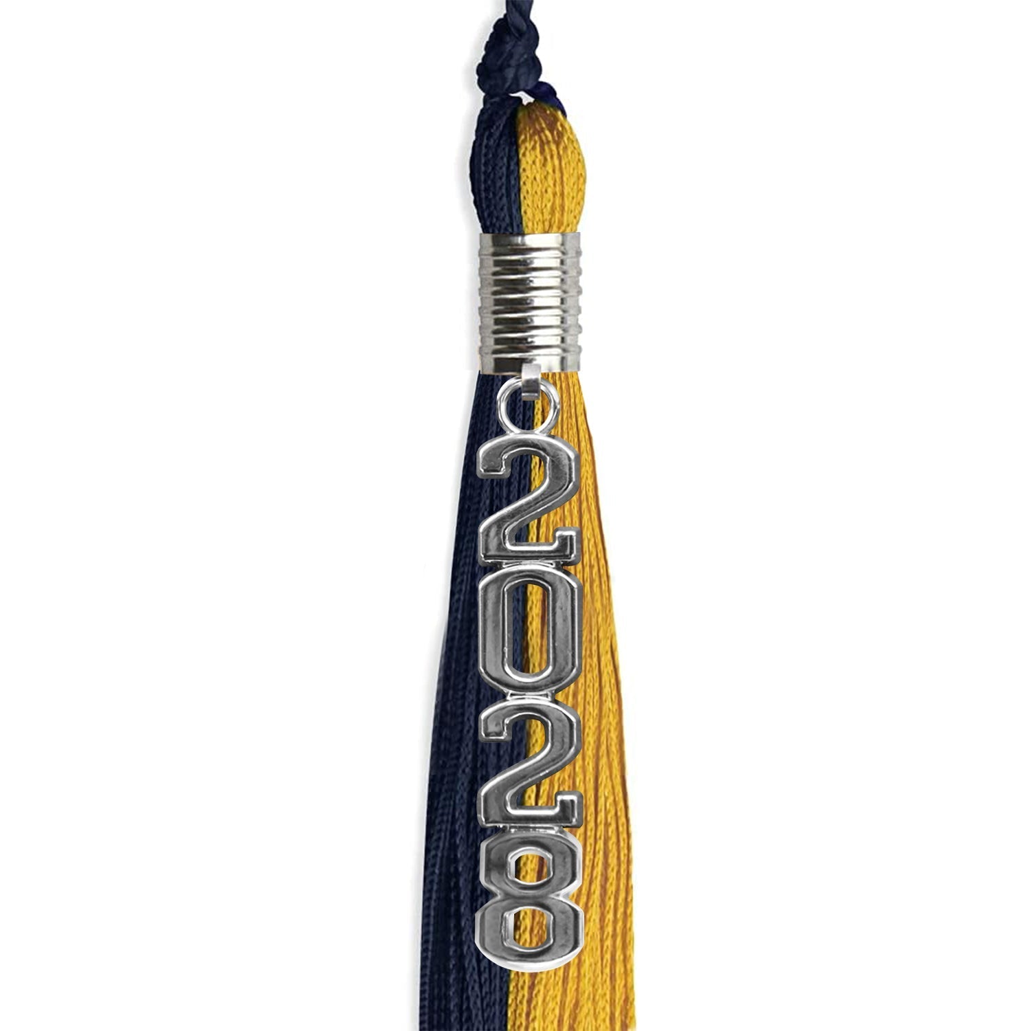 Dark Navy Blue/Bright Gold Graduation Tassel with Silver Stacked Date Drop by Wholesale Grad Supply