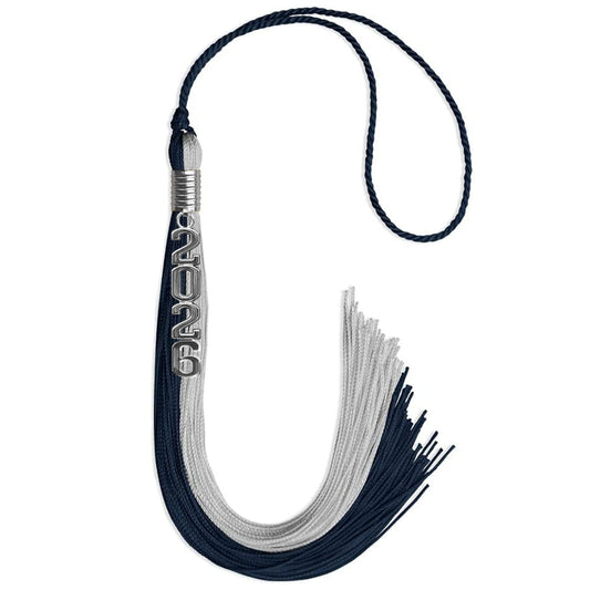 Dark Navy Blue/Grey Graduation Tassel with Silver Stacked Date Drop by Wholesale Grad Supply