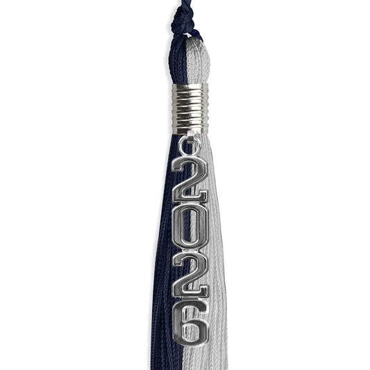 Dark Navy Blue/Grey Graduation Tassel with Silver Stacked Date Drop by Wholesale Grad Supply