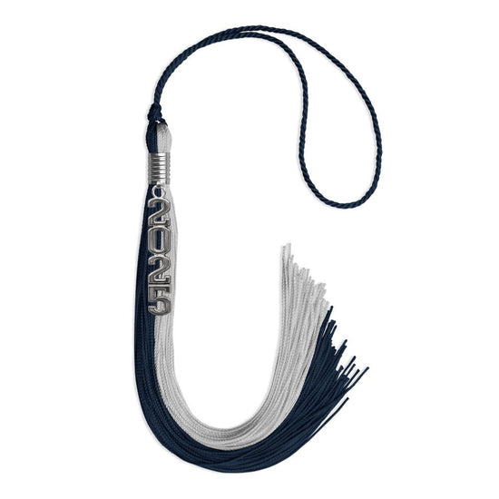 Dark Navy Blue/Grey Graduation Tassel with Silver Stacked Date Drop by Wholesale Grad Supply
