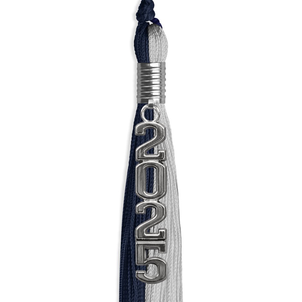 Dark Navy Blue/Grey Graduation Tassel with Silver Stacked Date Drop by Wholesale Grad Supply