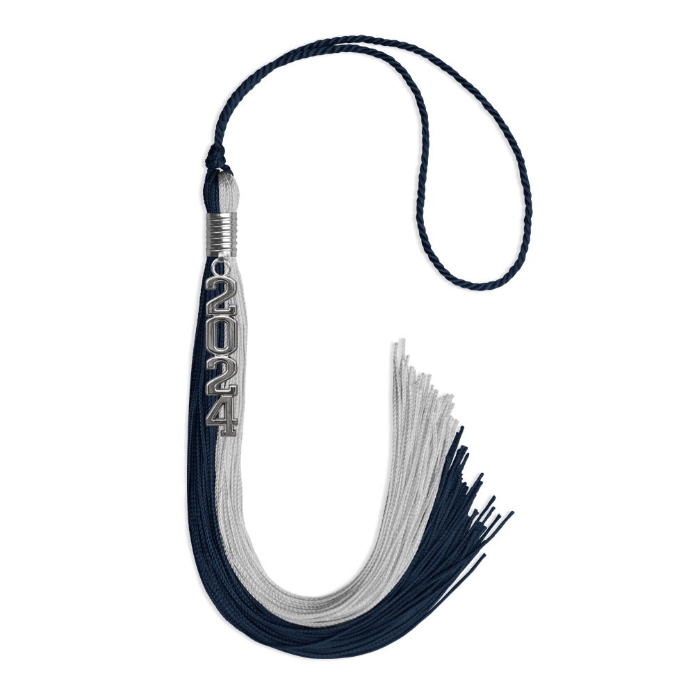 Dark Navy Blue/Grey Graduation Tassel with Silver Stacked Date Drop by Wholesale Grad Supply