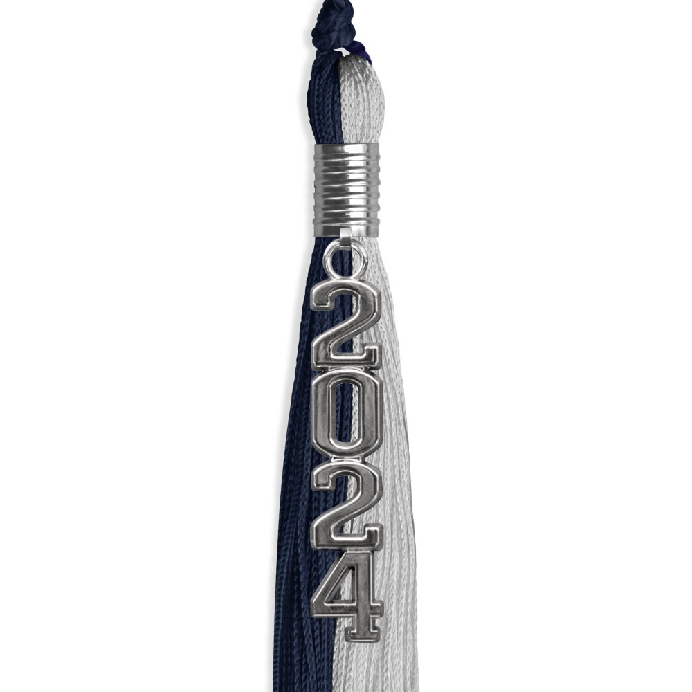 Dark Navy Blue/Grey Graduation Tassel with Silver Stacked Date Drop by Wholesale Grad Supply