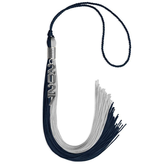 Dark Navy Blue/Grey Graduation Tassel with Silver Stacked Date Drop by Wholesale Grad Supply