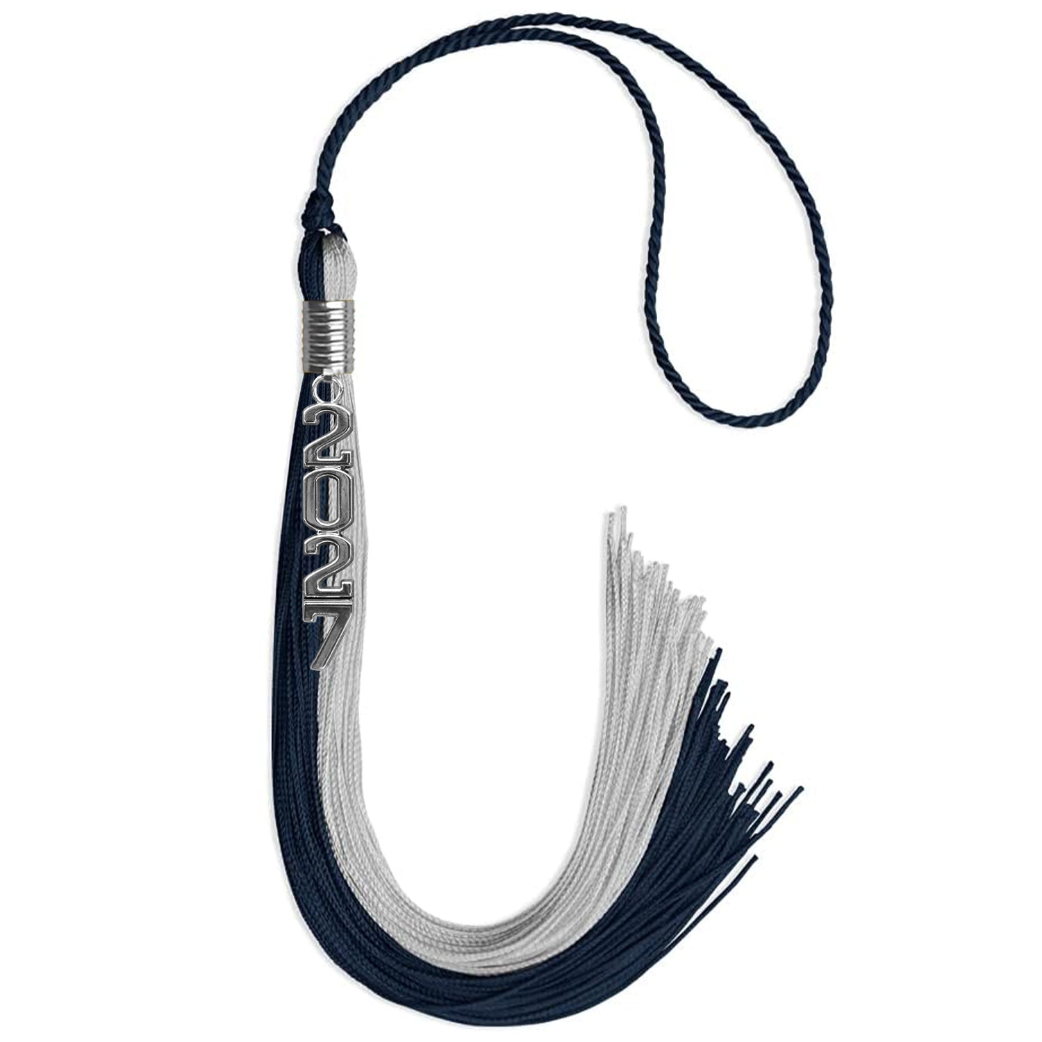 Dark Navy Blue/Grey Graduation Tassel with Silver Stacked Date Drop by Wholesale Grad Supply