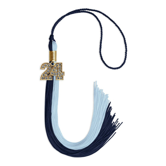 Dark Navy Blue/Light Blue Graduation Tassel with Gold Bling Charm by Wholesale Grad Supply