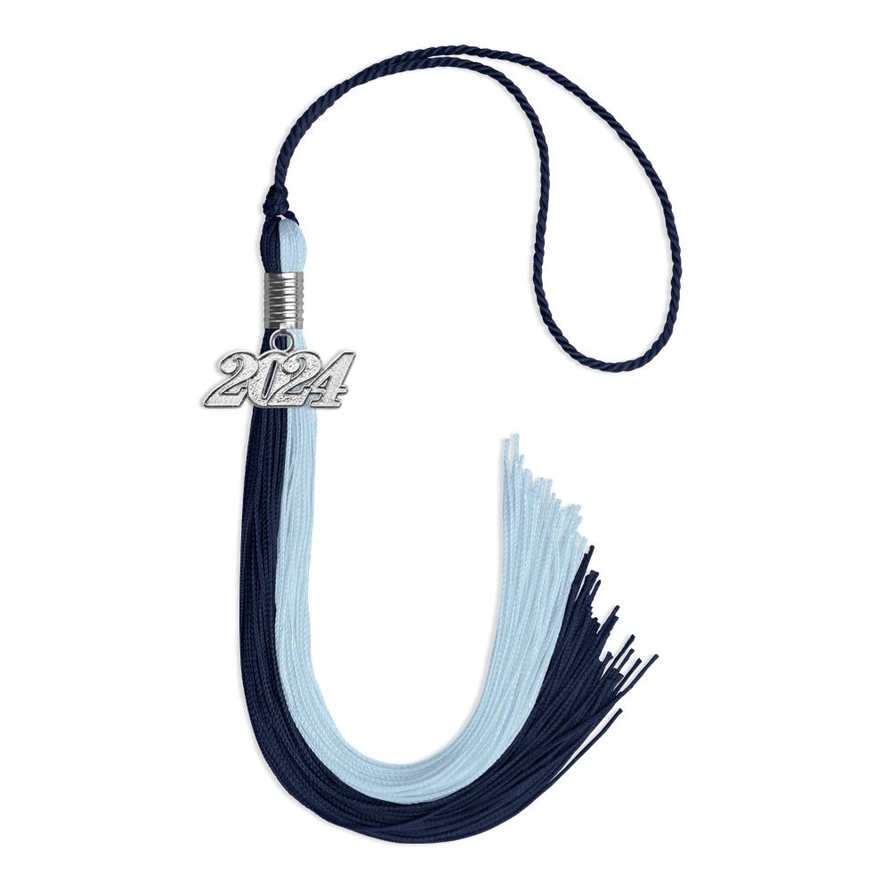 Dark Navy Blue/Light Blue Graduation Tassel with Silver Bling Charm by Wholesale Grad Supply