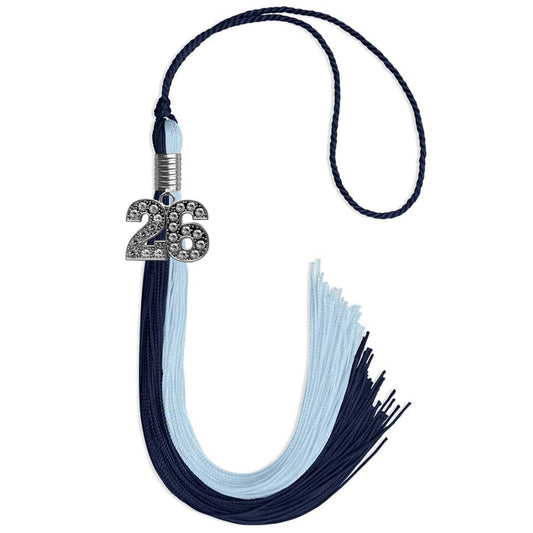 Dark Navy Blue/Light Blue Graduation Tassel with Silver Bling Charm by Wholesale Grad Supply