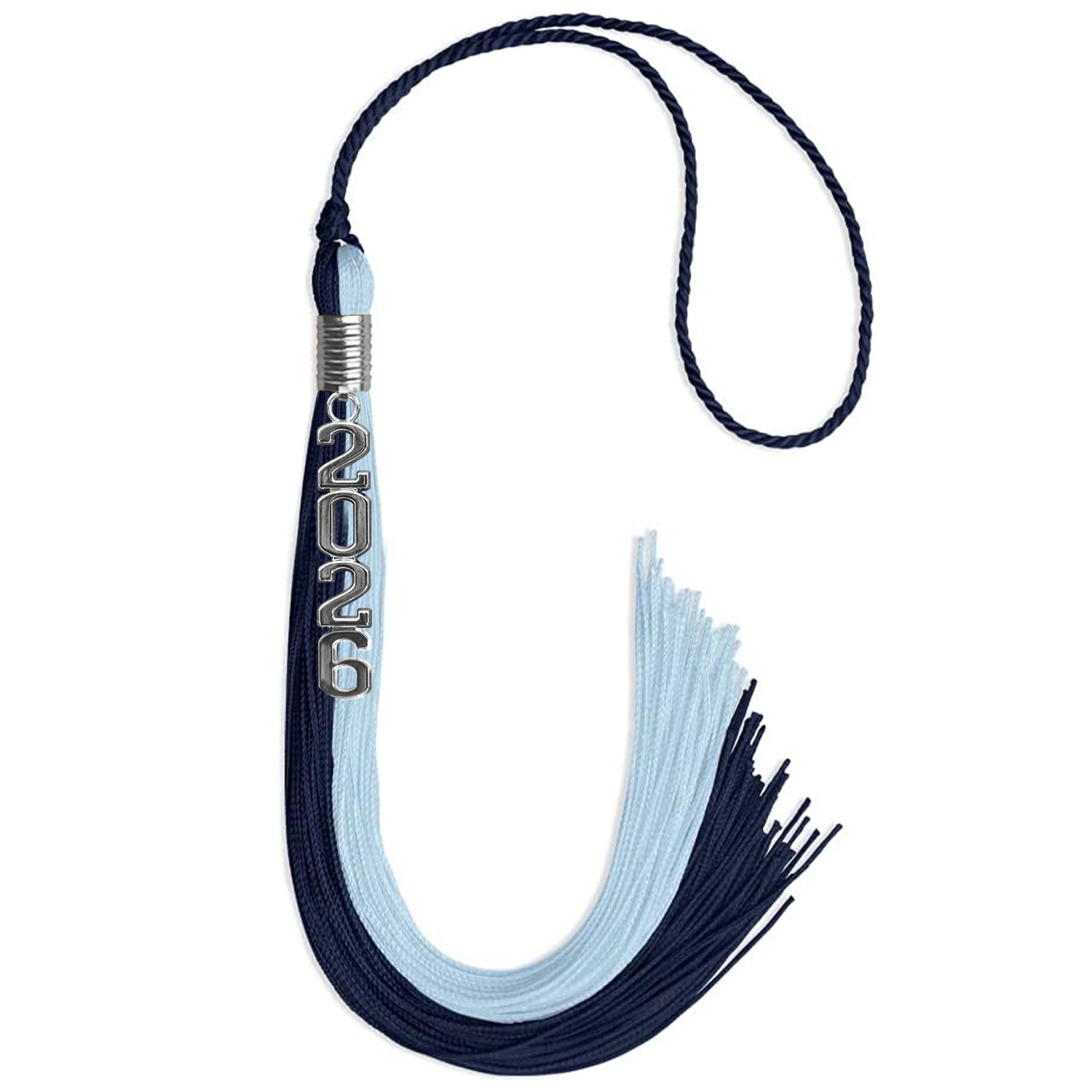 Dark Navy Blue/Light Blue Graduation Tassel with Silver Stacked Date Drop by Wholesale Grad Supply