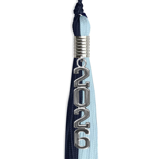 Dark Navy Blue/Light Blue Graduation Tassel with Silver Stacked Date Drop by Wholesale Grad Supply