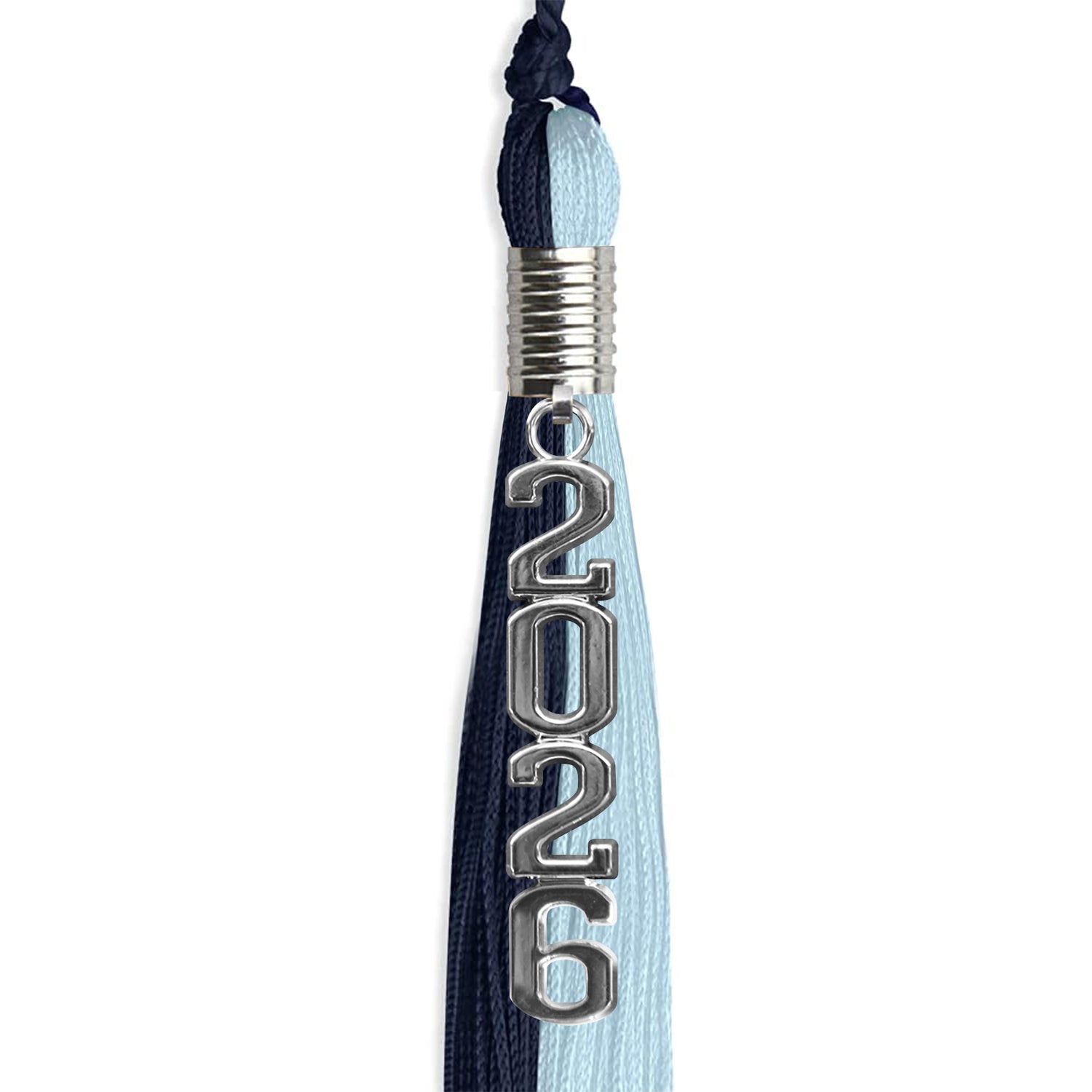 Dark Navy Blue/Light Blue Graduation Tassel with Silver Stacked Date Drop by Wholesale Grad Supply